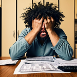 **Image Prompt:** A person sitting at a kitchen table, looking stressed while reviewing bills and financial documents. Emphasize the struggle to understand interest rates and improve credit score. Include visual cues representing debt, like small monsters or dark clouds hovering over the person. The style should be slightly cartoonish to convey anxiety without being overly dramatic.