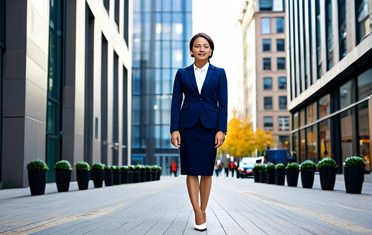 A professional female business leader stands confidently at a brightly lit, clean crossroads within a modern financial district. She is dressed in a sleek, modest dark blue business suit with a white blouse and professional shoes, symbolizing decisive choice. One path leads towards traditional, solid bank buildings, the other towards vibrant, glass-fronted fintech offices. The background is subtly blurred to maintain focus on the subject. Professional photography, high resolution, soft natural lighting, elegant composition, safe for work, appropriate content, fully clothed, professional dress, perfect anatomy, correct proportions, natural pose, well-formed hands, proper finger count, natural body proportions.